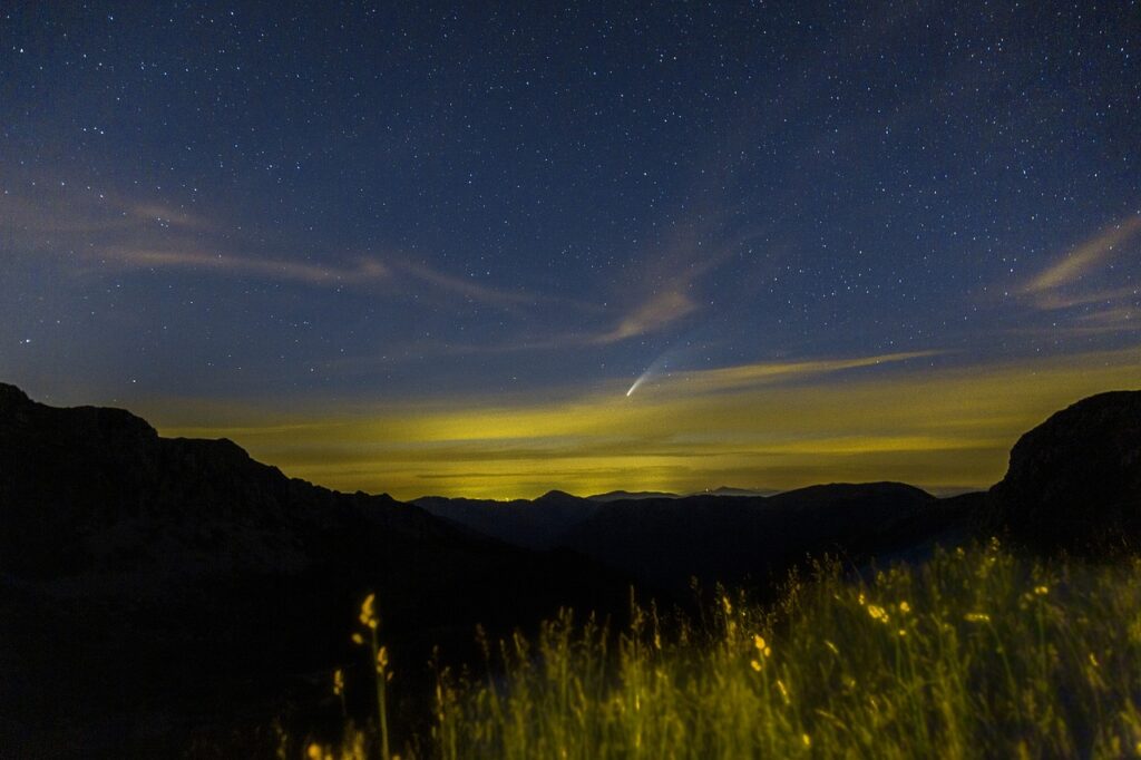 comet, night sky, nature, sky, stars, night
